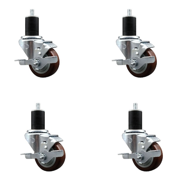 Service Caster 3'' Maroon Poly Swivel 1-3/4'' Expanding Stem Caster Set with Brake, 4PK SCC-EX20S314-PPUB-MRN-TLB-134-4 - main
